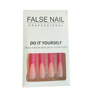 VOTACOS 24pcs Pink Glitter French Tip Press on Nails Long Coffin False Nails Kit